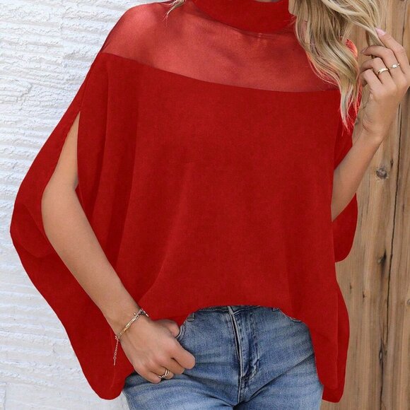 Red Casual Women's Stand Collar Mesh Hollow Blouse - Picture 6 of 7